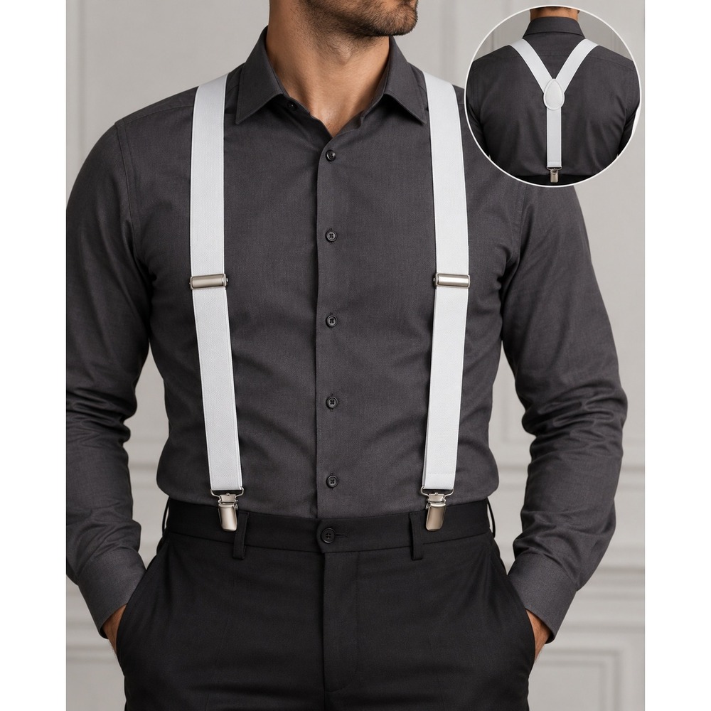 White Clip On Suspenders Adjustable Y Back Silver Hardware Dapper Wedding NWT